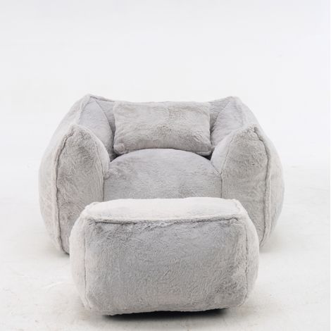 Pouf géant fauteuil pour adultes et enfants, fausse fourrure gris, avec repose-pieds, mousse haute densité, sans montage – CHICFURN (1/5)