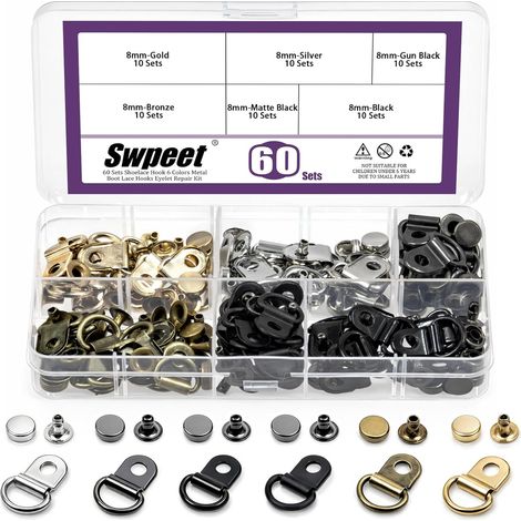 60 set da 6 ganci per lacci colorati con cappucci bombati e rivetti. Kit assortimento, ganci per lacci, occhielli a D, accessori per riparazioni. (1/5)