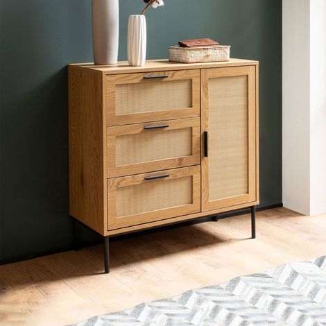M&S – Buffet 1 porte 3 tiroirs 80x36x82 cm en panneaux agglomérés effet chêne et rotin – Tissage polyrotin décoratif