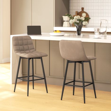 Set aus 2 hohen Hockern im nordischen Stil mit Rücken- und Fußstütze, Hocker mit Rückenlehne aus samtartigem Stoff und Metall, 45 x 47 x 84 cm, Braun