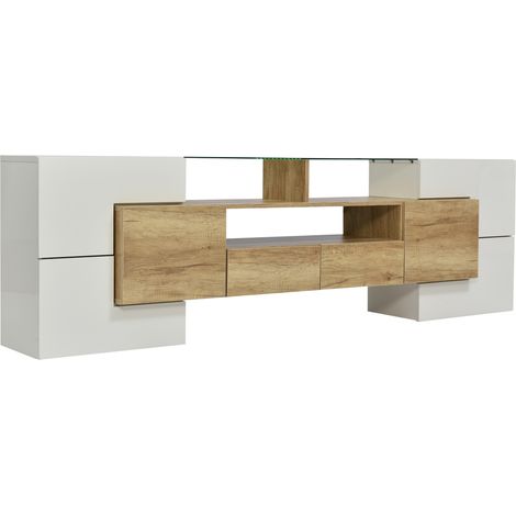 TV-Lowboard Hochglanz Weiß 200 cm mit LED-Beleuchtung und Glasoberfläche, HOMVRA (1/5)