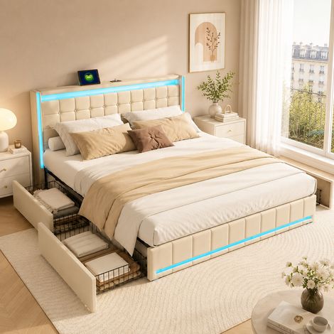 Lit coffre 180 x 200 avec 4 tiroirs - Lin–Beige - Lit double 180 x 200 - LED réglable et chargement USB - Sommier à lattes (1/5)