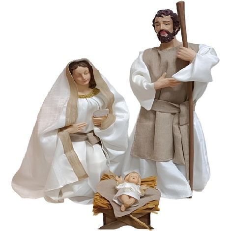 Sacra famiglia completa Grande Natività 3 Pezzi H 90 in bianco e juta Decorazione Natalizia Elegante in Tessuto Colori raffinati - Maria Giuseppe e Gesù nella Culla idea regalo per natale