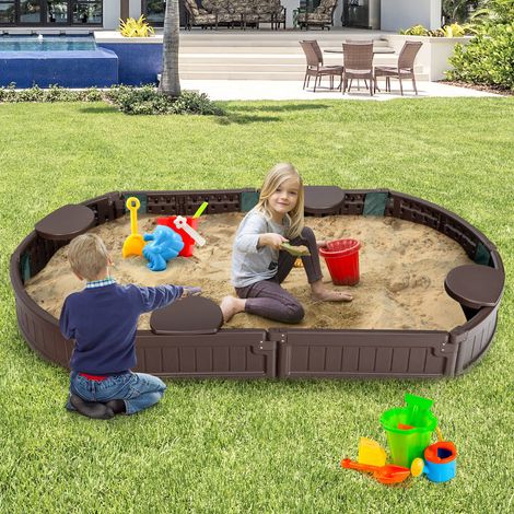 Bac à Sable Enfant Ovale 183x105x21 cm en Plastique avec Housse de Protection Etanche Bâche Intégrée Sièges Doublure Marron Maison Chic (1/4)