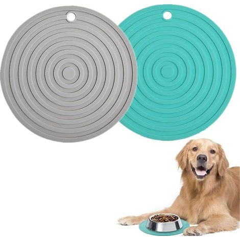 Lot de 2 tapis de gamelle en silicone imperméables et antidérapants pour petits et moyens animaux, gris et vert. (1/5)