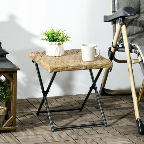 Tavolo da esterno pieghevole in rattan sintetico PE con gambe incrociate e struttura in acciaio per balcone, 40x40x40 cm, colore naturale.