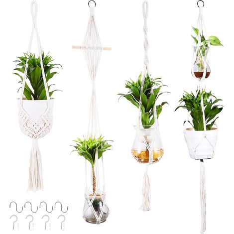 Lot de 4 pots de fleurs suspendus - 4 tailles - Décoration bohème - En macramé - Avec crochets - Corde en coton - Pour pot de fleurs - Décoration de chambre bohème - Aesthétique - Pot pour (1/5)