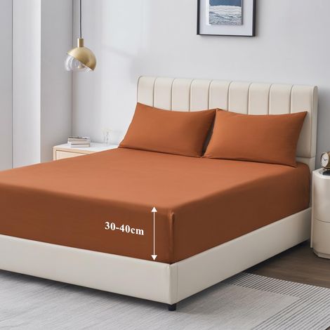 Drap Housse 160x200 Grand Bonnet 40 cm Drap Housse 2 Personnes 160 x 200 Grand Bonnet 40 cm Matelas en Microfibre avec Élastique Tout Autour, Orange (1/5)