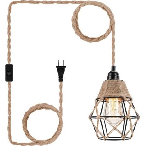 Lustre avec prise, lustre de style champêtre en corde de chanvre, lustre de salle à manger avec câble de 1,8 m pour éclairer la table à manger, pouvant servir de veilleuse. (1/5)