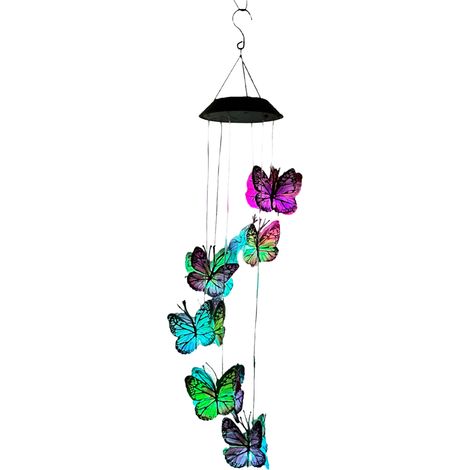 Campana de viento LED con energía solar para uso exterior con motivo de mariposa, luz nocturna colorida, resistente al agua, con gancho, para jardín, terraza o patio. (1/5)