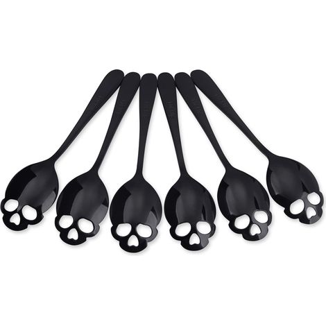 NineClouds 6 Cuillères Tête de Mort en Acier Inoxydable Noir 18/8 Belles Cuillères à Café Tête de Mort Cuillères à Mélanger Cuillères à Café Ensemble (noir) (1/5)