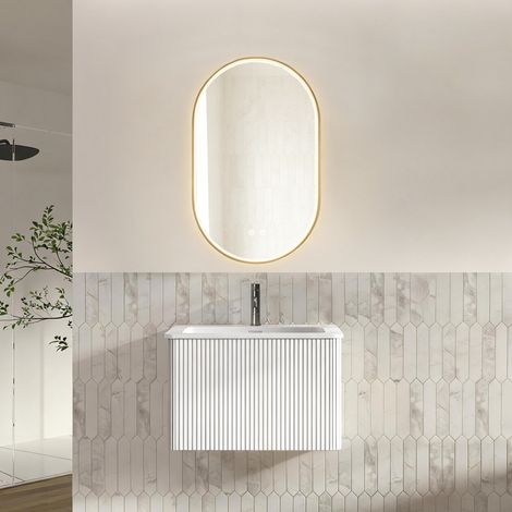 Ensemble meubles salle de bain 60 cm avec miroir LED ovale 50x80 cm, vasque avec meuble, blanc, pré-monté (1/5)