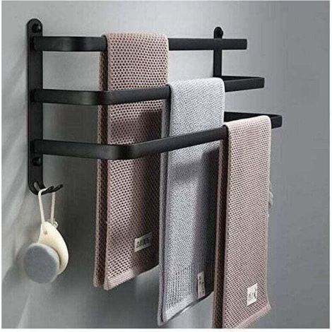 Porte Serviettes Salle de Bains Noir - Barres Porte Serviettes Adhesif Mural - Étanche avec Crochet(50cm, Three Bars)