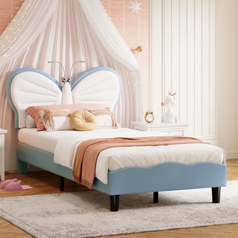 Lit Enfant Fille 90x190, Lit Simple Rembourré avec Tête de Lits Réglable en Hauteur en Forme de Papillon et Liseuse, Sommier à Lattes, Velours+PU,blanc bleu