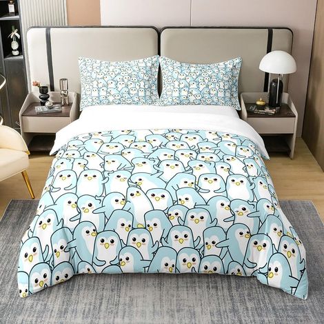Dessin animé Pingouin Coton Housse de Couette 140x200cm drôle d'impression d'animaux Coton Housse de Couette Garçons Filles Ados décoration Mignon Polaire Animaux Modèle Literie Set Bleu - 140 x 200 c (1/5)