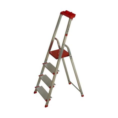 Escalux – Escabeau aluminium 4 marches ultra larges – Hauteur de travail 2.78 m – Charge maximale 150 Kg – Embouts antidérapants interchangeables (1/2)