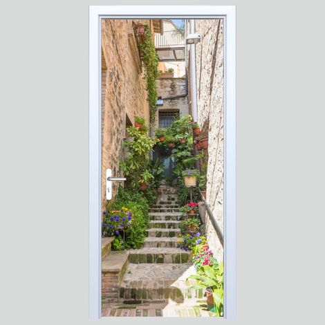 Adhesivo de tela para puerta, calle llena de flores, 011PD