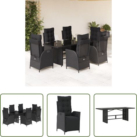 vidaXL Gartenstuhl -  7-tlg. Garten-Essgruppe mit Kissen Schwarz Poly Rattan (1/5)
