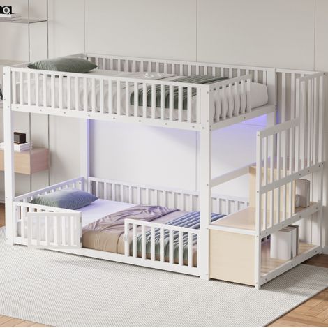 Bett Etagenbett 90x200 mit Stauraumleiter Weiß OKMYHOME (1/5)