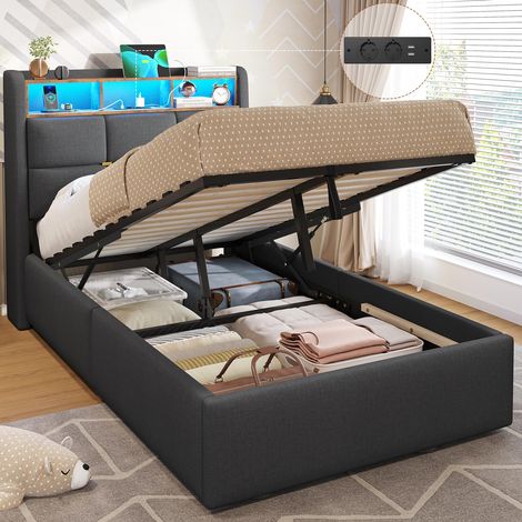 Lit Coffre 90x190 avec éclairage LED et Prise,Lit Enfant 90x190 avec Rangement et Tete de Lits,Cadre de lit 1 Place 90 x 190 avec Sommier à Lattes,Lits Rembourré en Lin,Gris Foncé-sans Matelas (1/5)