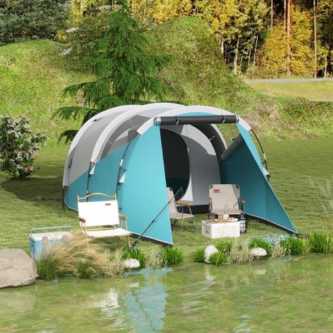 Tente camping familiale 3 personnes, tente tunnel imperméable, 2 portes fenêtres, ventilée 4,6 x 2,6 x 1,9 m, bleu