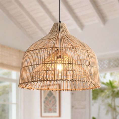 Parrot Uncle Rattan Pendelleuchte 50 cm im Boho Design, natürliche Bambus Hängelampe mit Eisengestell, E27 Fassung, höhenverstellbar, für Wohnzimmer Essbereich Flur, ohne Leuchtmittel