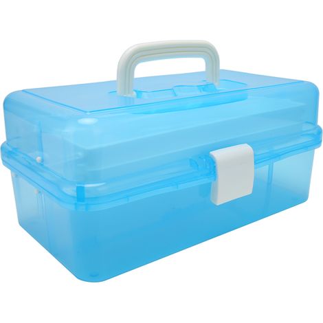 Boîte de rangement portable 3 couches transparente bleue pliable, casier multifonction pour fournitures d'art, artisanat et cosmétiques. (1/5)