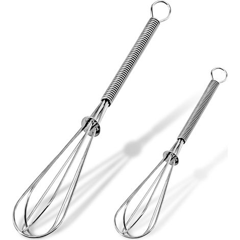 Lot de 2 mini-fouets — 18 cm / 13 cm — Fouets et mélangeurs de cuisine compacts et portables en acier inoxydable, dotés d'une conception à fils renforcés.