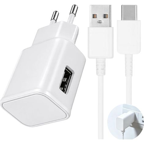 Chargeur USB-C compatible avec Samsung Galaxy S8, S9 et Note10, kit chargeur USB-C avec adaptateur secteur USB 2 broches, câble USB-C renforcé, protections intégrées, blanc (1/5)