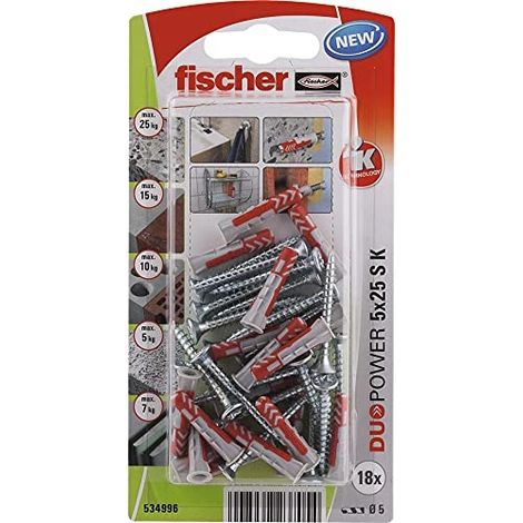 Fischer – Chevilles bimatière DuoPower 5x25 – 18 pièces pour béton et briques pleines – Vissage rapide sans rotation – Collerette anti-glissement (1/10)
