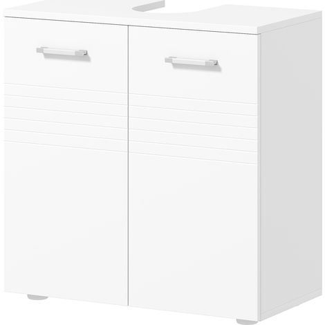 Meuble vasque de salle de bain à 2 portes, meuble sous-vasque en bois gain de place avec étagère réglable, blanc brillant
