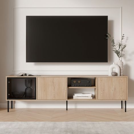 Mueble para TV Fiuggi, un Estante, 3 Puertas, Puerta con Detalle de Vidrio, 200x40x60h cm Marrón (1/4)