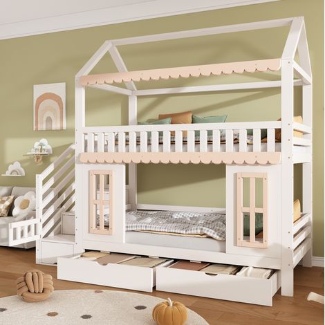 Kinder-Etagenbett 90x200 cm Weiß-Natur aus Kiefernholz und MDF mit Hausform, Stauraum und Schubladen (1/5)