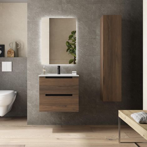Mueble de Baño LENI 60cm Nogal 2 cajones Lavabo 1 poza Porcelana (1/5)