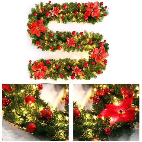 Künstliche Weihnachtsbaumgirlande, 270 cm, mit LED-Lichtern, Rattan-Künstliche Girlande mit LED-Lampe, Dekoration für Weihnachtsbaum, Tür, Treppe, Kamin (rot)