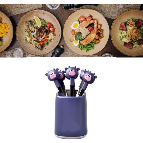 Fourchette à fruits en forme de vache (modèle RB573) en acier inoxydable, motif vache violette, idéale pour les desserts, gâteaux et pâtisseries. (1/5)