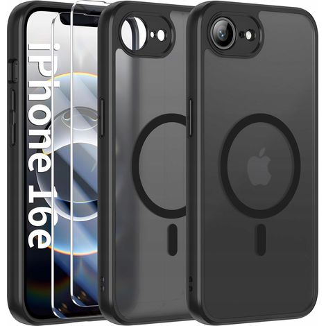 Funda MagSafe negra mate para Apple iPhone 16e + 2 protectores de pantalla de cristal (1/5)