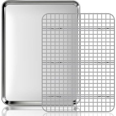 Plaque de Cuisson avec Grille de Refroidissement: un lot Plaques et Grilles pour Cuisson au Four en Acier Inoxydable, Plat Four pour Rôti la Maison Cuisine Barbecue 40,5x30,5x2,5cm (1/5)