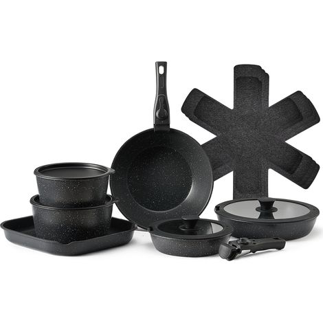 VEVOR Batterie de cuisine, 17 pcs, ensemble de casseroles et poeles a induction avec revetement anti-adhesif, poignee amovible et couvercles en verre trempe, passe au four, pour camping-car, noir