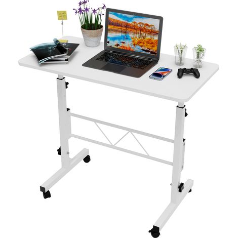 Bureau Informatique Réglable en Hauteur avec Roulettes Bloquables - Table Mobile Ergonomique Plateau MDF Durable + Structure Métallique - Dimensions 80x40x74-110cm (Idéal Canapé/Chambre/Salon/Bureau) (1/5)