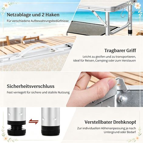 Table de plage pliante multifonctionnelle extérieure avec filet de rangement, hauteur réglable – idéale pour camping, balcon & extérieur (1/4)
