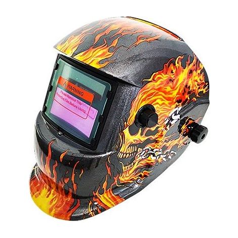 Casque de soudage à obscurcissement automatique, motif tête de mort enflammée, cagoule de soudage avec capteurs, alimentée par énergie solaire, avec plage de teintes réglable, grade 6 (1/4)