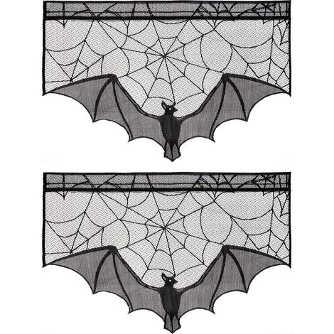 Toile d'araignée en dentelle noire pour Halloween - 2 rideaux chauve-souris, rideaux de douche en tissu toile d'araignée, couvre-manteau de cheminée pour la maison, la porte et la cuisine (1/5)