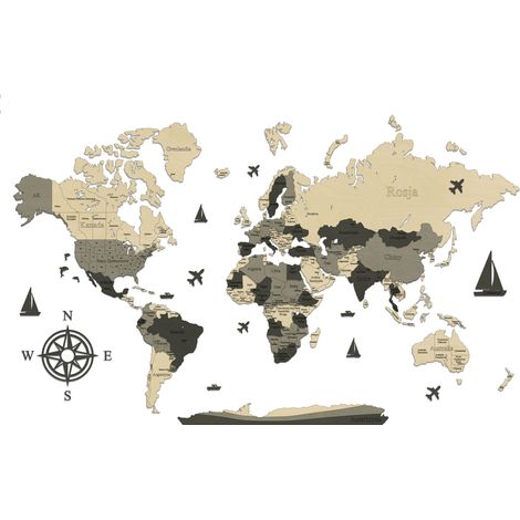 Carte du monde 3D en bois, motif en V, frontières des pays, 120 x 75 cm (1/5)