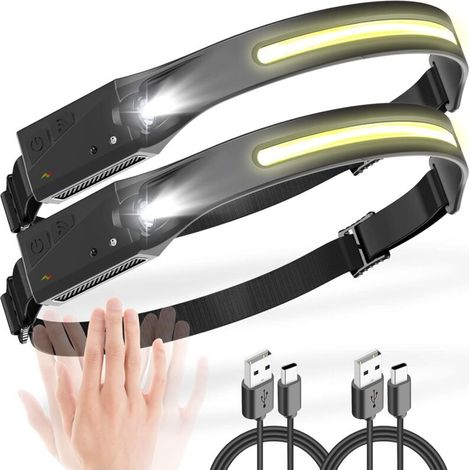 Linterna frontal recargable, 2 niveles de brillo de 350 lúmenes y 5 modos de iluminación, linterna frontal LED ultra potente de 1200 mAh, gran angular de 230°, linterna frontal ligera IPX4 para pesca 