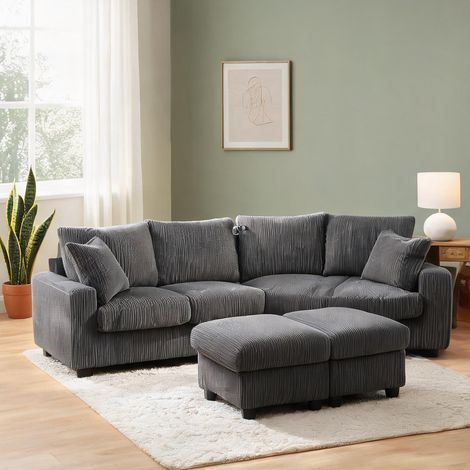 Canapé en velours côtelé gris avec poufs et éclairage LED (1/5)