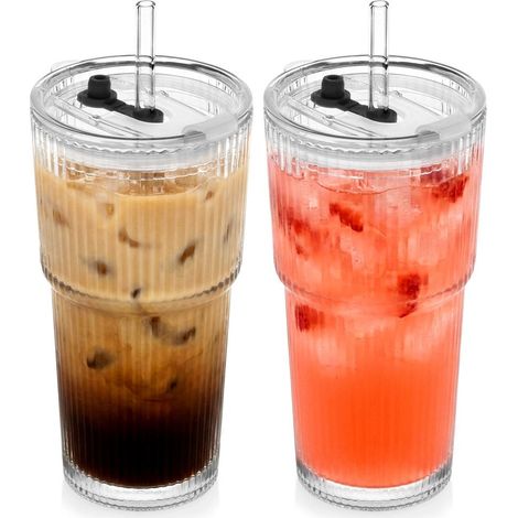Glass Mugs with Lids & Straws, 500 ml, Set of 2 (1/5)