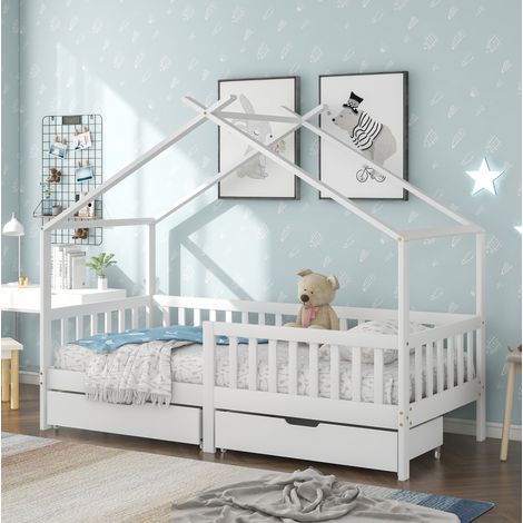 DESVIAE Lit cabane enfant avec barrières de sécurité et 2 tiroirs en bois massif blanc 90 x 200 cm (1/5)