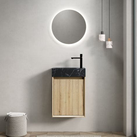 Hängender Badunterschrank 40 cm mit Waschbecken aus schwarzem Marmor und Holzoptik (1/5)