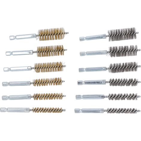 Set di 12 spazzole di alesatura in ottone e acciaio ritorto con attacco esagonale da 1/4" per trapani a percussione, disponibili in 12 misure. (1/5)